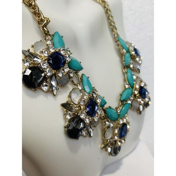 Vintage faux Turquoise aurora borealis Rhinestone Gold Chain Necklace 20” - Picture 7 of 12